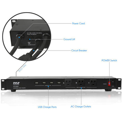 Pyle Pro PCO865 Protector de sobretensión rack 19 tomas 15A 15 pies cable USB