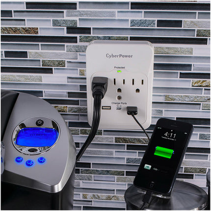 CyberPower Pro Protector de Sobretensión 3 Tomas 600 Julios 2 Puertos USB