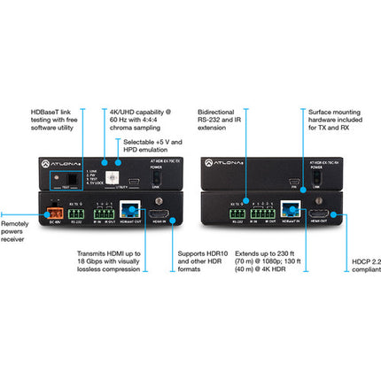 Atlona Set Transmisor y Receptor 4K HDR con IR RS-232 y PoE