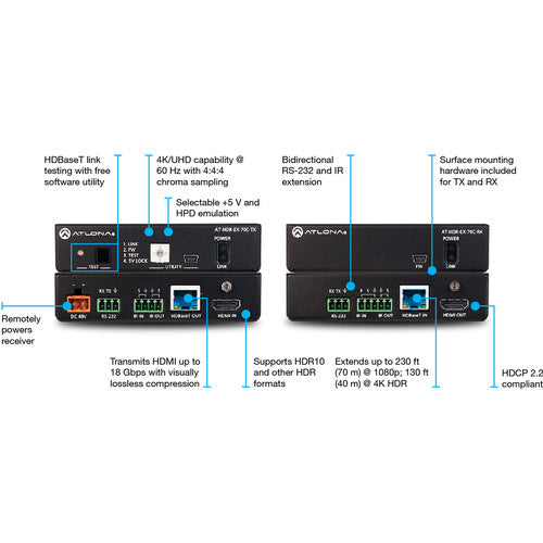 Atlona Set Transmisor y Receptor 4K HDR con IR RS-232 y PoE