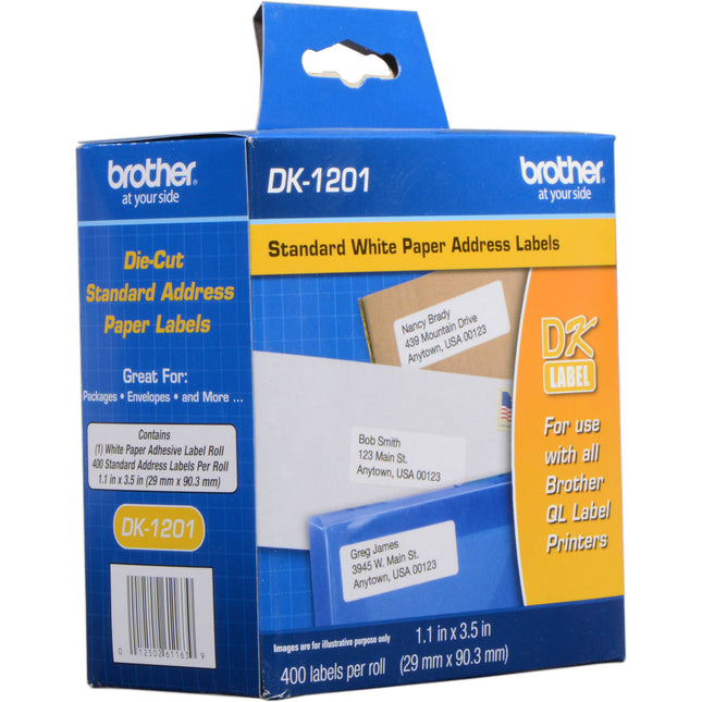 Brother DK1201 Etiquetas Direccion Adhesivas Blancas 400 Unidades 1.1 x 3.5 Pulgadas