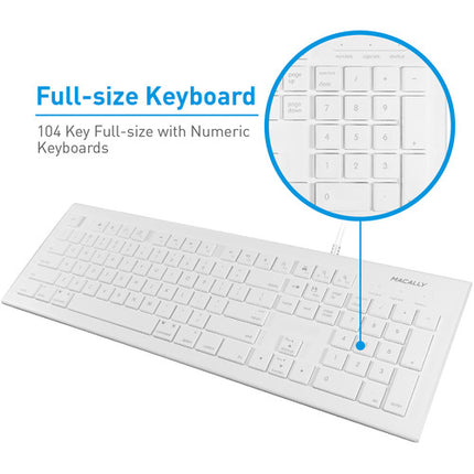 Macally Teclado USB Blanco 103 Teclas Teclas de Acceso Rápido y Perfil Bajo