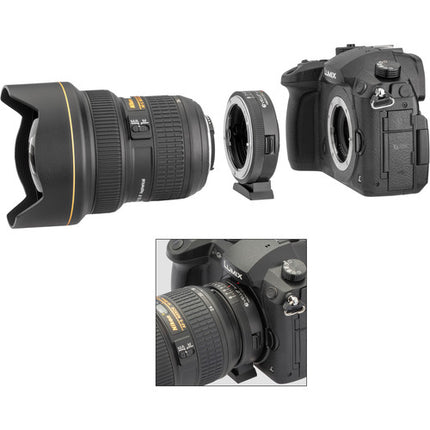 Adaptador de lentes Vello Accelerator para Nikon F-montura a Micro Cuatro Tercios con 8 aperturas y pie para trípode removible