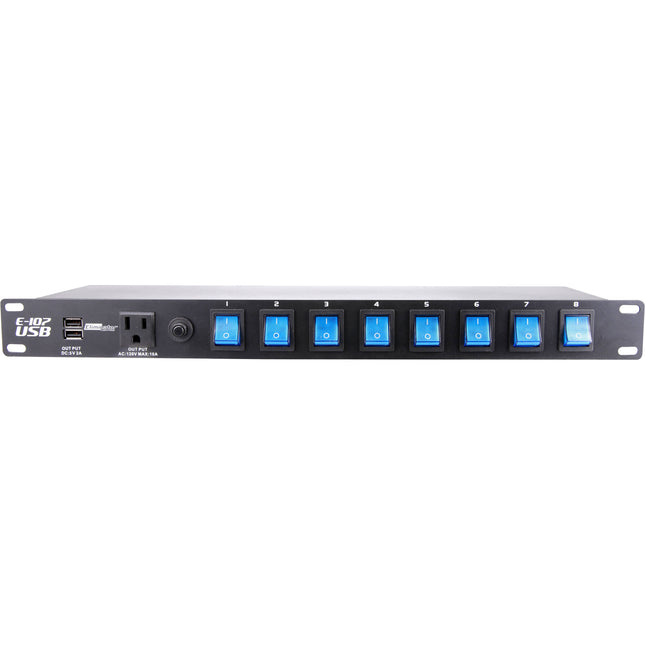 Eliminator Lighting E-107USB Centro de energía rack 8 interruptores 2 puertos USB 5V 2A