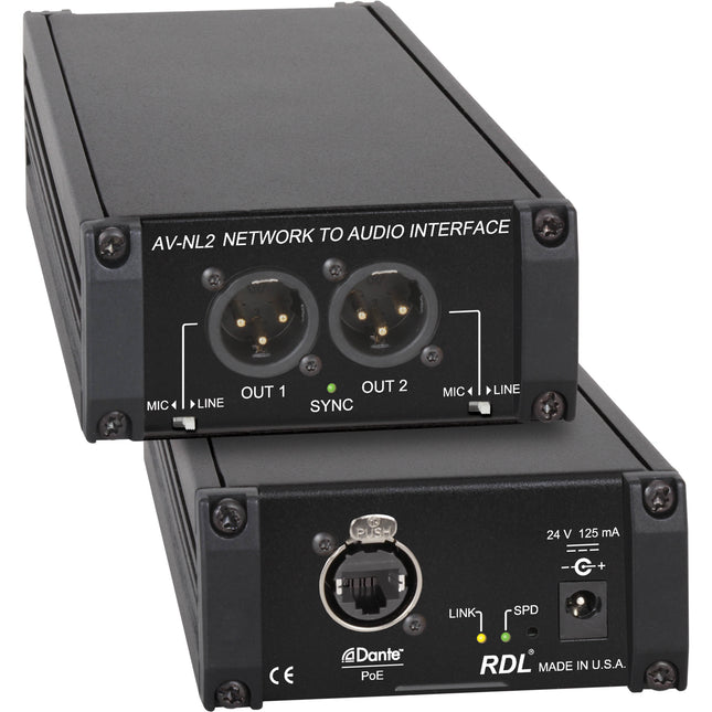 RDL AV-NL2 Convertidor Estéreo Dante 24 Bit 96 kHz con PoE y Salida XLR