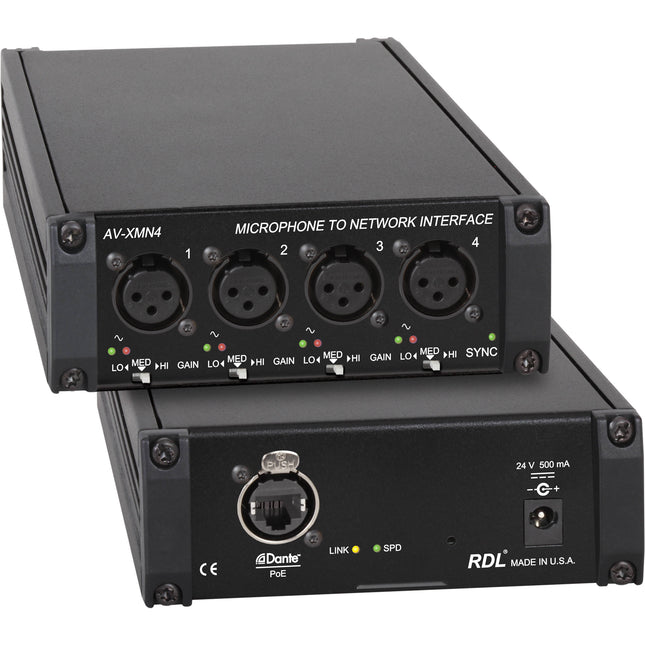 RDL AV-XMN4 Interfaz de Micrófono 4 canales a red Dante 24-Bit 96 kHz