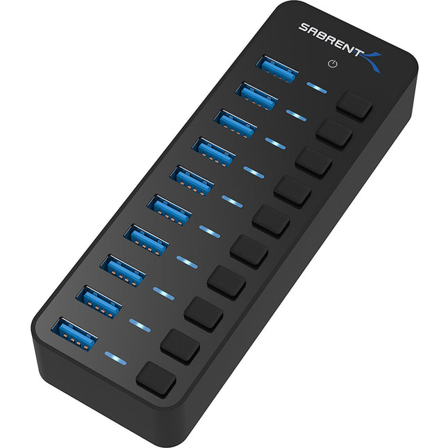 Sabrent 10 Puertos Hub USB 3.0 5 Gb/s con Interruptores y Adaptador