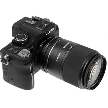 FotodioX Adaptador Montura Sony A-Mount a Micro Cuatro Tercios con Control de Apertura y Construcción de Aluminio Anodizado