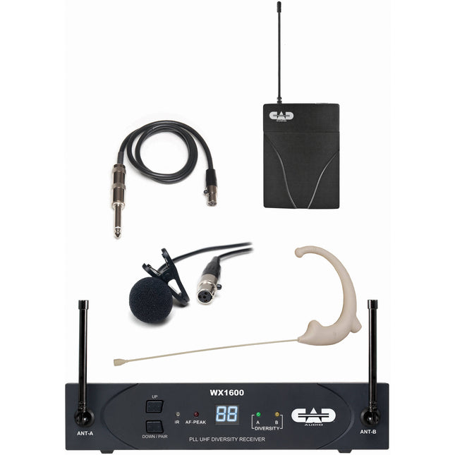 CAD StageSelect WX1610 Sistema Inalámbrico Bodypack con Micrófonos Lavalier Earworn y Cable para Guitarra 100 Canales UHF