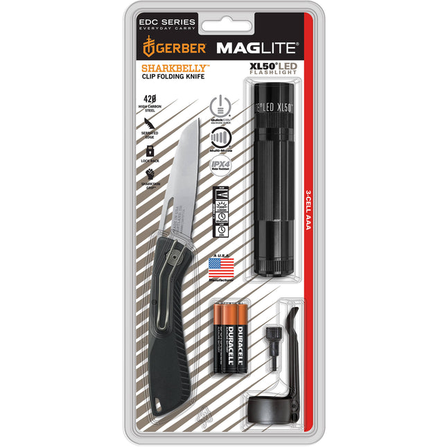 Maglite XL50 Linterna LED 200 Lúmenes y Cuchillo Plegable Gerber 3AAA