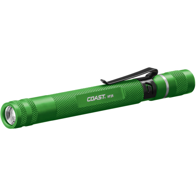 COAST HP3R Linterna LED Recargable Verde Foco Ajustable 26-245 Lúmenes con Clip y Cargador USB