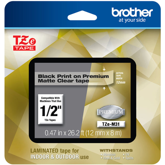 Brother Cinta Laminada para Etiquetadoras P-Touch 12mmx8m Negro en Transparente Mate Durable para Interior y Exterior
