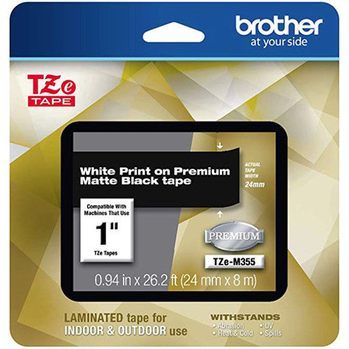 Brother Cinta Laminada para Etiquetadoras P-Touch Blanca sobre Negro 1 pulg x 26.2 pies Durable interior y exterior