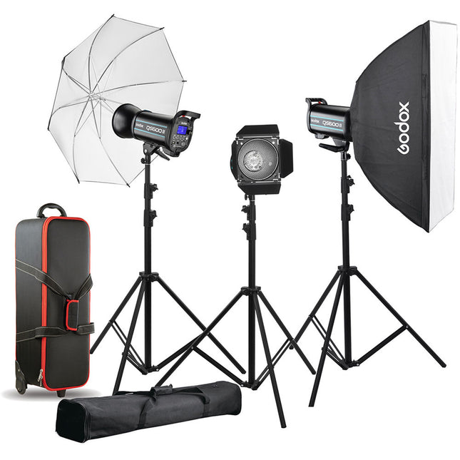 Godox QS600II Kit de Flash de Estudio 3 Luces Softbox 80x120 cm Paraguas 101 cm