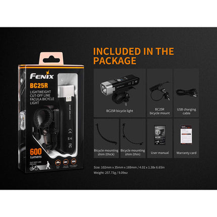 Fenix Flashlight BC25R Luz LED Recargable para Bicicleta 600 Lúmenes 2600mAh USB