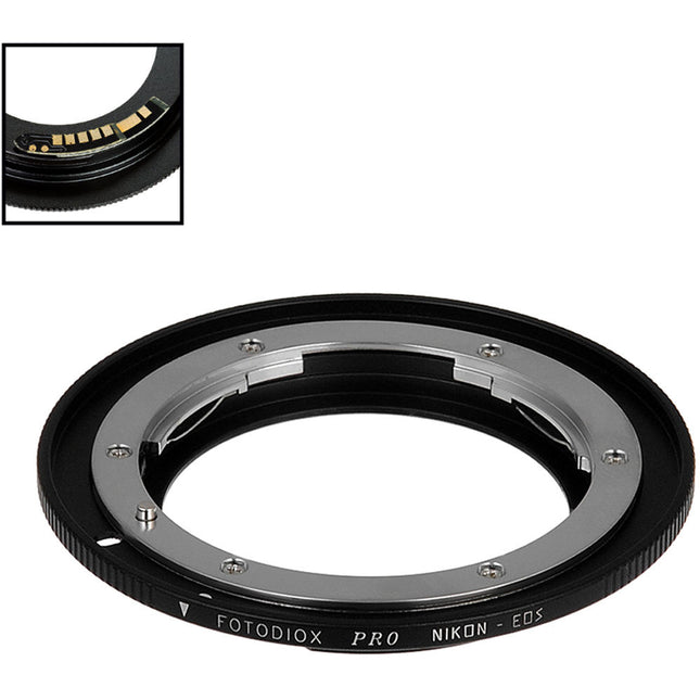Adaptador FotodioX Pro para Lentes Nikon F a Canon EF con Chip de Confirmación de Enfoque v10 y Anillo de Montaje de Latón