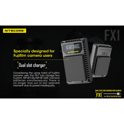 Nitecore FX1 Cargador USB de Viaje Dual para Baterías FUJIFILM NP-W126 1000mA 2 Horas