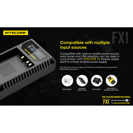 Nitecore FX1 Cargador USB de Viaje Dual para Baterías FUJIFILM NP-W126 1000mA 2 Horas