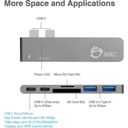 SIIG Hub USB Tipo-C Dual con Lector de Tarjetas y Power Delivery 87W Gris Espacial