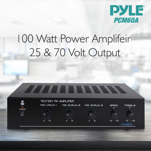 Pyle Home PCM60A Amplificador de Potencia 100W Salida 25V 70V con 3 Entradas Micrófono y Control de Nivel