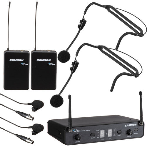 Samson Concert 288 Sistema inalámbrico de micrófonos para presentación dúo con 2 Headset y 2 Lavalier 300 pies alcance
