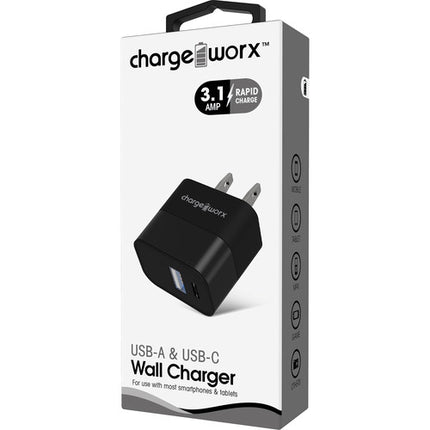 ChargeWorx cargador pared dual USB-A USB-C 5V 3.1A compacto negro