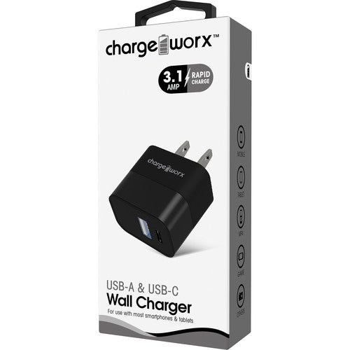 ChargeWorx cargador pared dual USB-A USB-C 5V 3.1A compacto negro