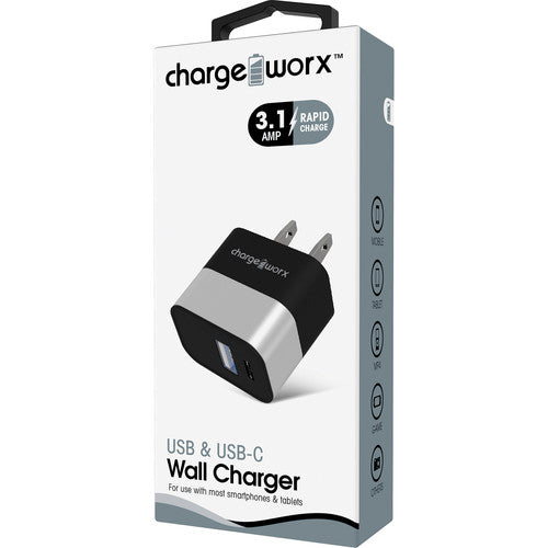 ChargeWorx Cargador de Pared Dual USB-A USB-C Plata 5V 3.1A Ultra Compacto