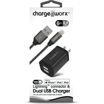 ChargeWorx Cargador de Pared Metal Dual USB 2.4A con Cable Lightning 6 Pies Negro