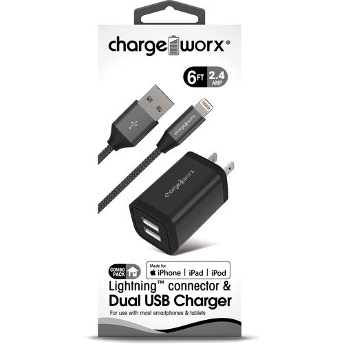 ChargeWorx Cargador de Pared Metal Dual USB 2.4A con Cable Lightning 6 Pies Negro