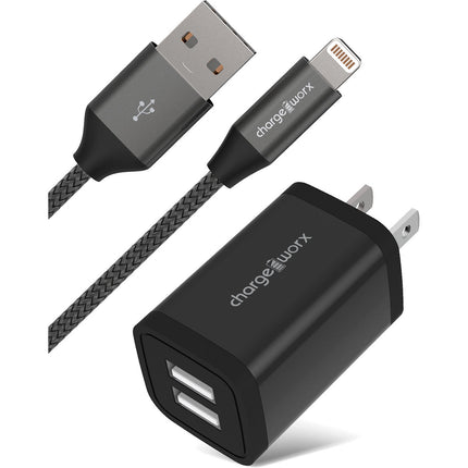 ChargeWorx Cargador de Pared Metal Dual USB 2.4A con Cable Lightning 6 Pies Negro
