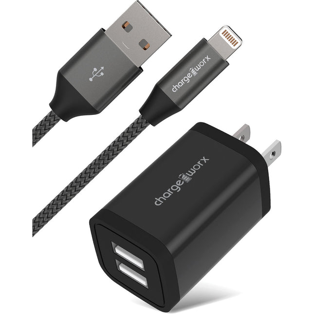 ChargeWorx Cargador de Pared Metal Dual USB 2.4A con Cable Lightning 6 Pies Negro