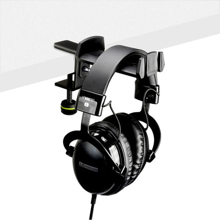 Gravity Stands soporte de escritorio para auriculares con pinza de acero y doble ranura para cables