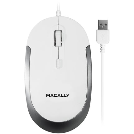 Macally Ratón Óptico USB Silencioso Con Cable 5 Pies 2400 dpi Blanco Gris