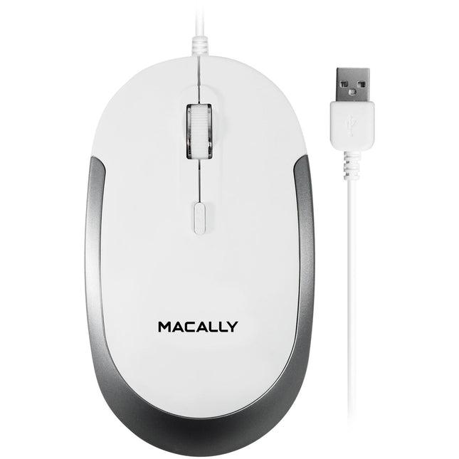 Macally Ratón Óptico USB Silencioso Con Cable 5 Pies 2400 dpi Blanco Gris
