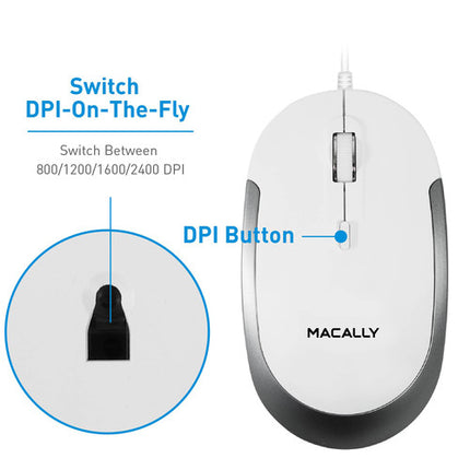 Macally Ratón Óptico USB Silencioso Con Cable 5 Pies 2400 dpi Blanco Gris