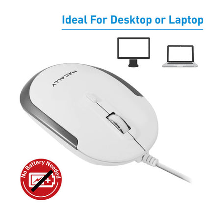 Macally Ratón Óptico USB Silencioso Con Cable 5 Pies 2400 dpi Blanco Gris