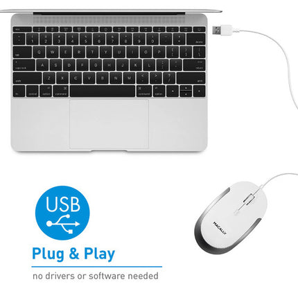 Macally Ratón Óptico USB Silencioso Con Cable 5 Pies 2400 dpi Blanco Gris