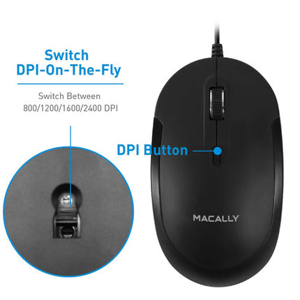 Macally Ratón Óptico USB Silencioso Negro 2400 dpi Cable 1.5 m