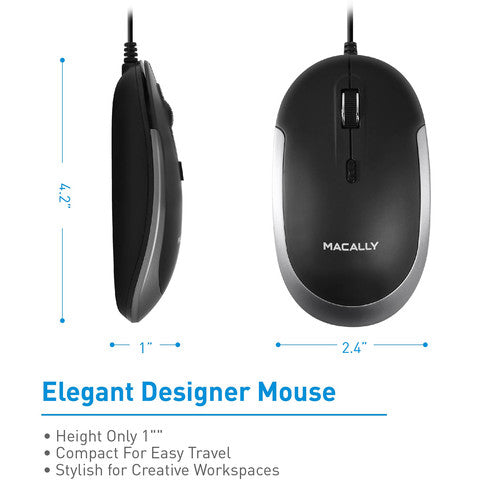Macally Ratón Óptico USB Silencioso con Cable 5 Pies 2400 DPI Negro Gris