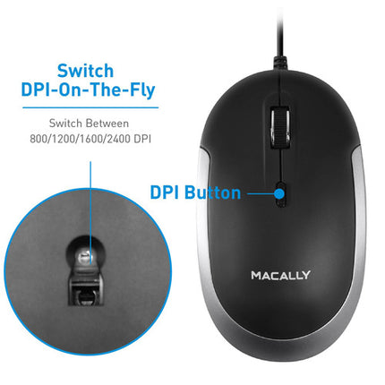 Macally Ratón Óptico USB Silencioso con Cable 5 Pies 2400 DPI Negro Gris