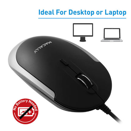 Macally Ratón Óptico USB Silencioso con Cable 5 Pies 2400 DPI Negro Gris