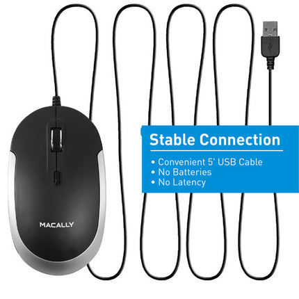 Macally Ratón Óptico USB Silencioso con Cable 5 Pies 2400 DPI Negro Gris