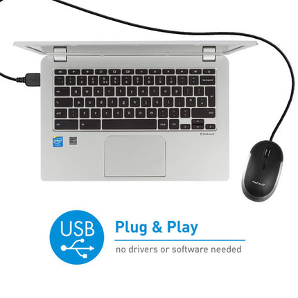 Macally Ratón Óptico USB Silencioso con Cable 5 Pies 2400 DPI Negro Gris