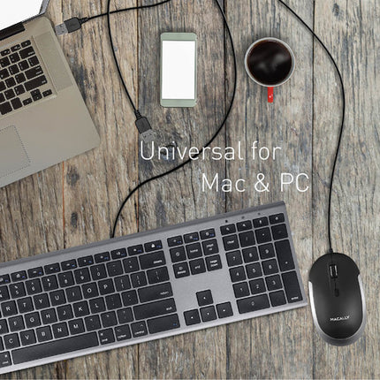 Macally Ratón Óptico USB Silencioso con Cable 5 Pies 2400 DPI Negro Gris