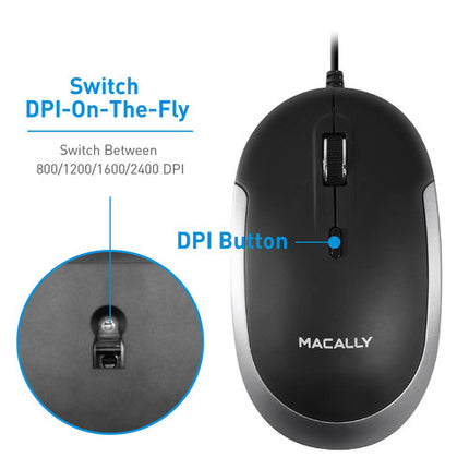 Macally USB Type-C Ratón Óptico 2400 dpi Cable 1.5 m Ambidiestro