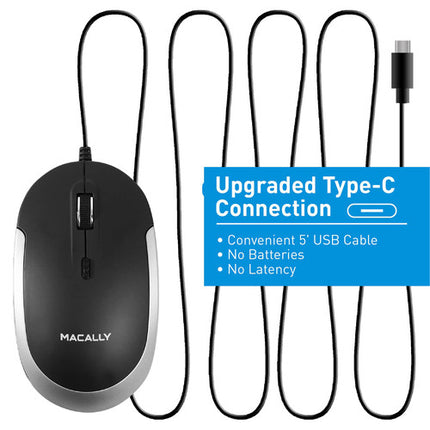 Macally USB Type-C Ratón Óptico 2400 dpi Cable 1.5 m Ambidiestro