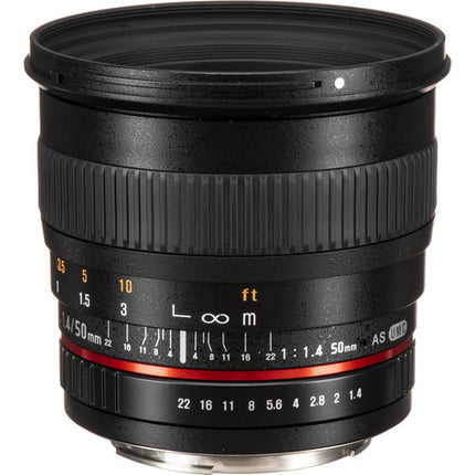 Rokinon 50mm f1.4 AS IF UMC Objetivo para Canon EF Montura con Funda y Parasol desmontable