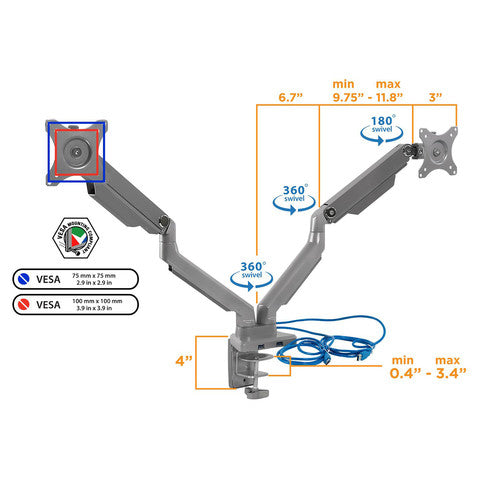 Mount-It! MI-2762 Soporte de Escritorio para Dos Monitores 13-32" con Puertos USB Integrados