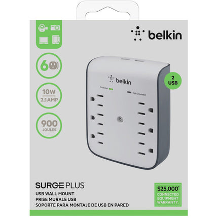 Belkin SurgePlus Protector de Sobretensión Montaje en Pared 6 Enchufes 10W USB